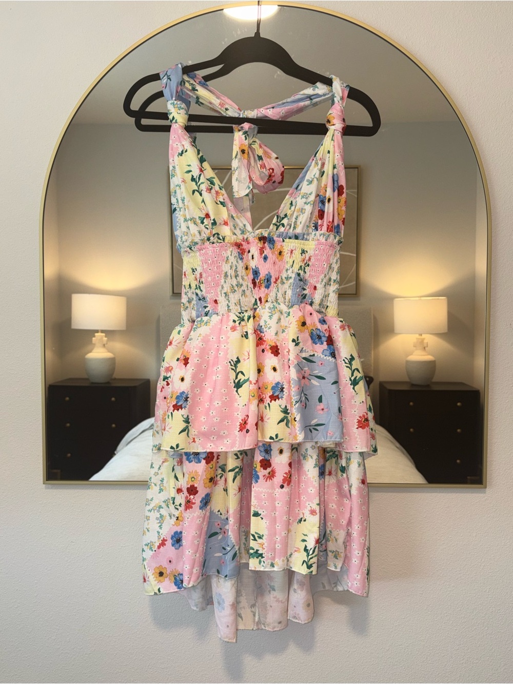 SHEIN Pastel Floral Tiered Backless Sundress in Pink, Blue, Yellow